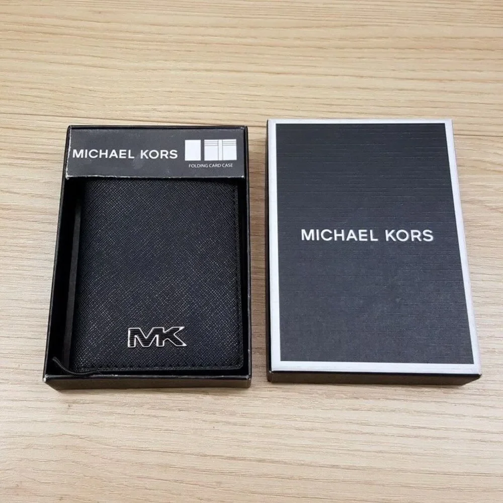 MICHAEL KORS Malone Bifold Folding Card Case Wallet Black Saffiano Leather $68